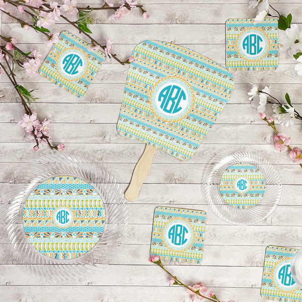 Abstract Teal Stripes Party Supplies Combination Image - All items - Plates, Coasters, Fans