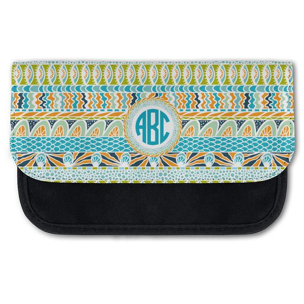Custom Abstract Teal Stripes Canvas Pencil Case w/ Monogram