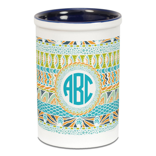 Abstract Teal Stripes Pencil Holder - Blue