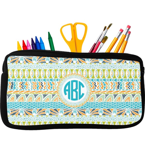 Custom Abstract Teal Stripes Neoprene Pencil Case (Personalized)