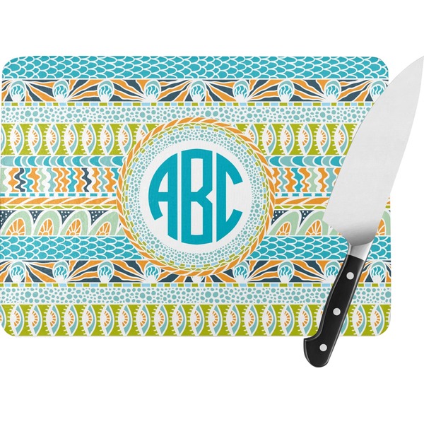 Custom Abstract Teal Stripes Rectangular Glass Cutting Board - Large - 15.25"x11.25" w/ Monograms