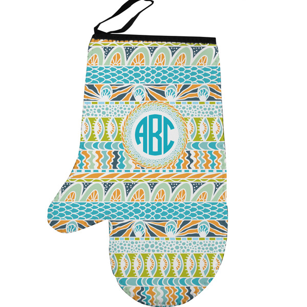 Abstract Teal Stripes Personalized Oven Mitt - Left