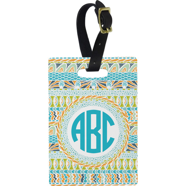 Custom Abstract Teal Stripes Plastic Luggage Tag - Rectangular w/ Monogram