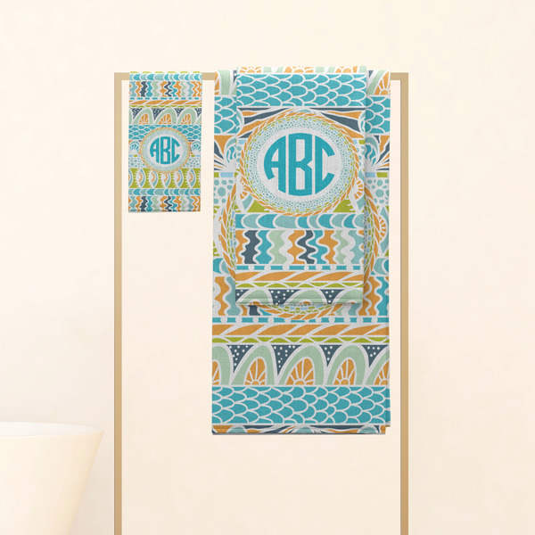 Abstract Teal Stripes Personalized Towel Set