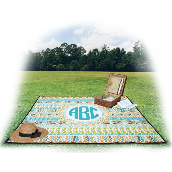 Abstract Teal Stripes Picnic Blanket - with Basket Hat and Book - in Use