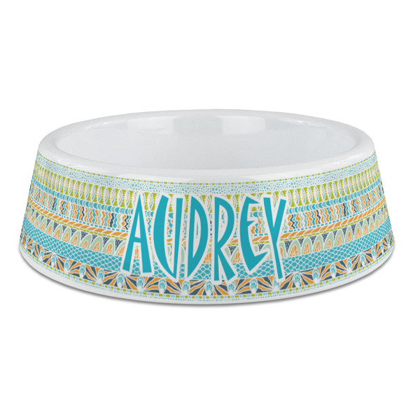 Custom Abstract Teal Stripes Plastic Dog Bowl - Large (Personalized)