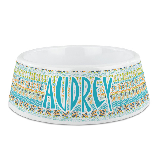 Custom Abstract Teal Stripes Plastic Dog Bowl - Medium (Personalized)