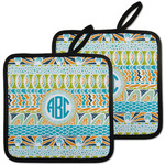 Abstract Teal Stripes Pot Holders - Set of 2 w/ Monogram