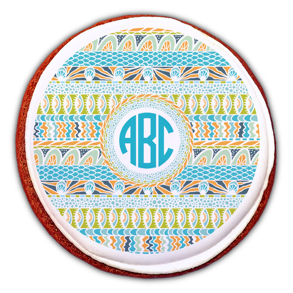 Abstract Teal Stripes Printed Icing Circle - Large - On Cookie