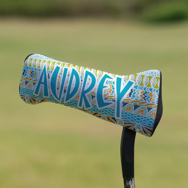 Abstract Teal Stripes Putter Cover - On Putter