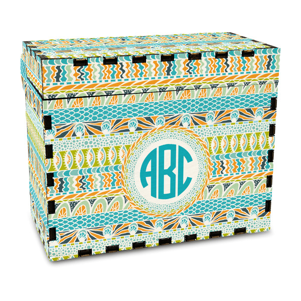 Custom Abstract Teal Stripes Wood Recipe Box - Full Color Print (Personalized)