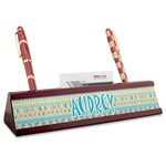 Abstract Teal Stripes Red Mahogany Nameplate with Business Card Holder (Personalized)