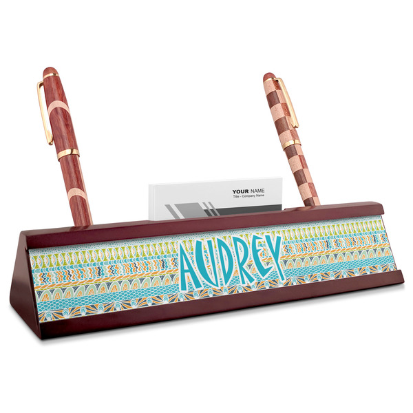 Custom Abstract Teal Stripes Red Mahogany Nameplate with Business Card Holder (Personalized)