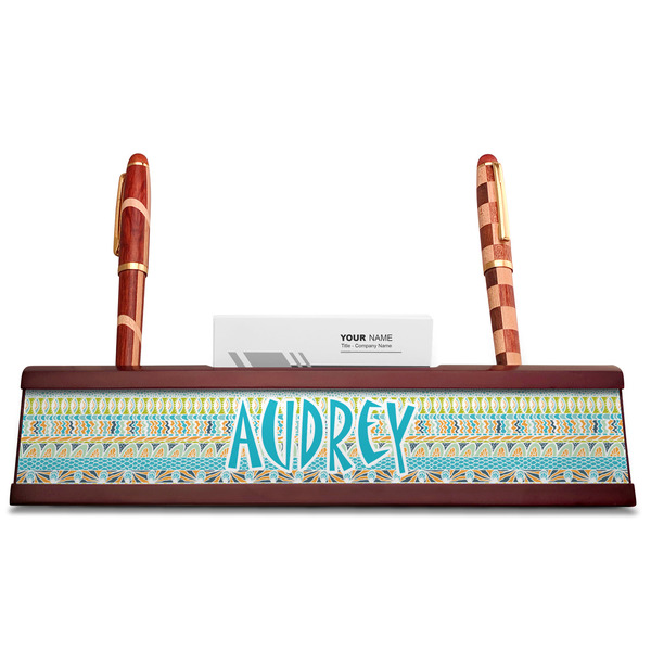 Abstract Teal Stripes Red Mahogany Nameplates with Business Card Holder - Straight