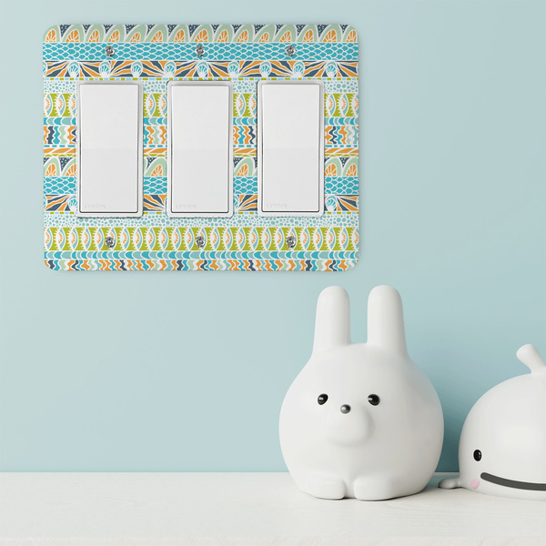 Abstract Teal Stripes Rocker Light Switch Covers - Triple - IN CONTEXT