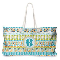 Abstract Teal Stripes Large Tote Bag with Rope Handles (Personalized)