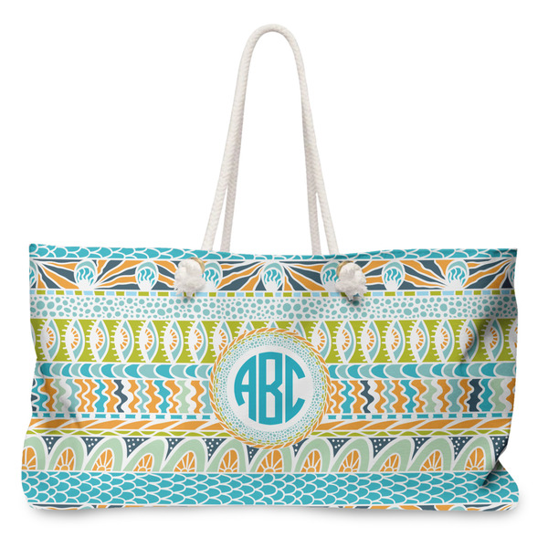 Custom Abstract Teal Stripes Large Tote Bag with Rope Handles (Personalized)