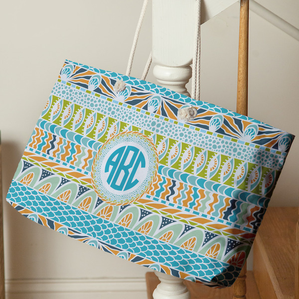 Abstract Teal Stripes Large Rope Tote - Life Style