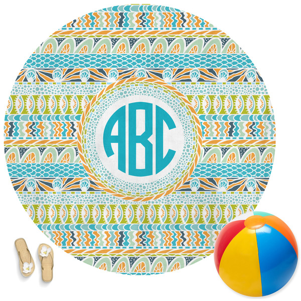 Custom Abstract Teal Stripes Round Beach Towel (Personalized)