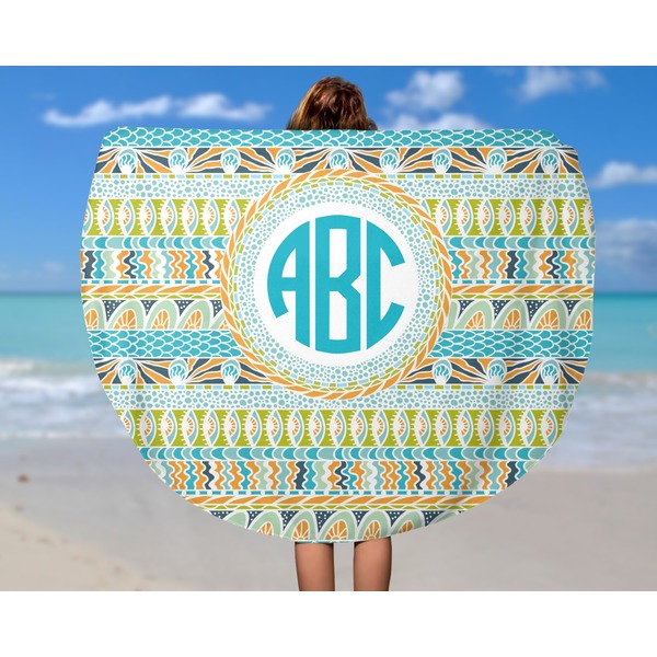 Abstract Teal Stripes Round Beach Towel - In Use