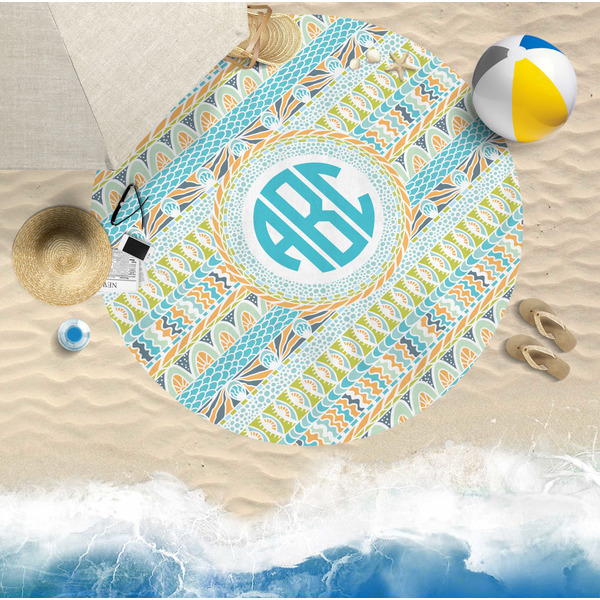 Abstract Teal Stripes Round Beach Towel Lifestyle
