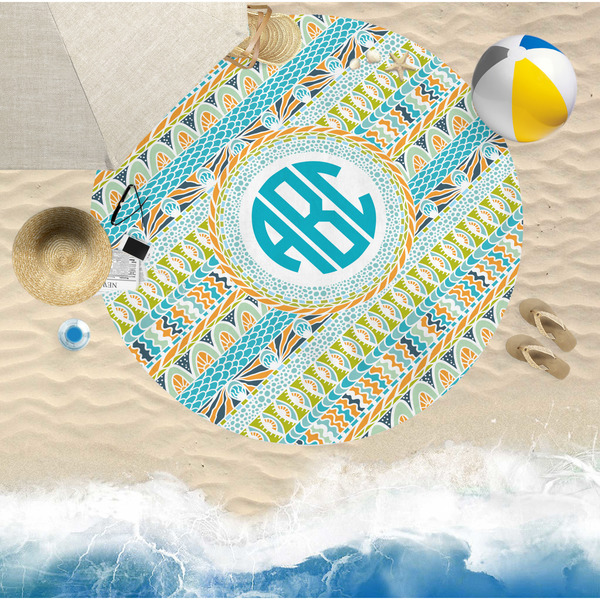 Abstract Teal Stripes Round Beach Towel Lifestyle