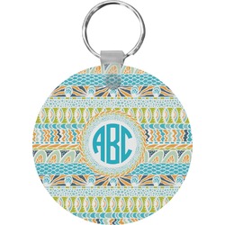 Abstract Teal Stripes Round Plastic Keychain (Personalized)