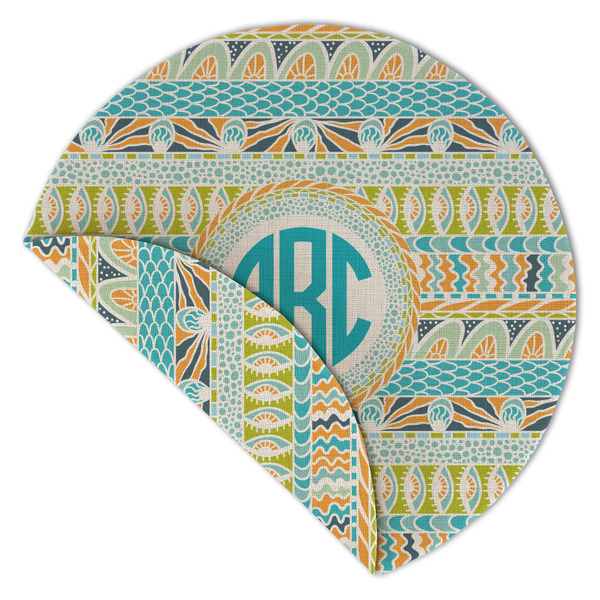 Abstract Teal Stripes Round Linen Placemats - Front (folded corner double sided)