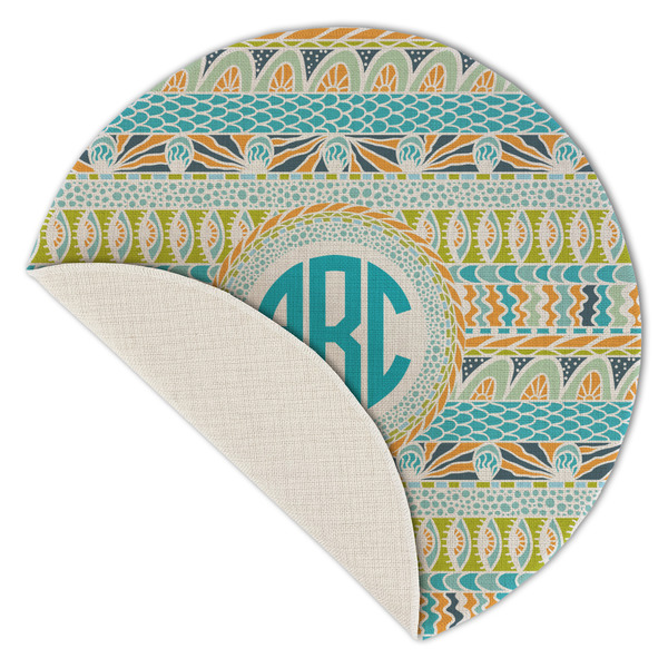 Abstract Teal Stripes Round Linen Placemats - Front (folded corner single sided)