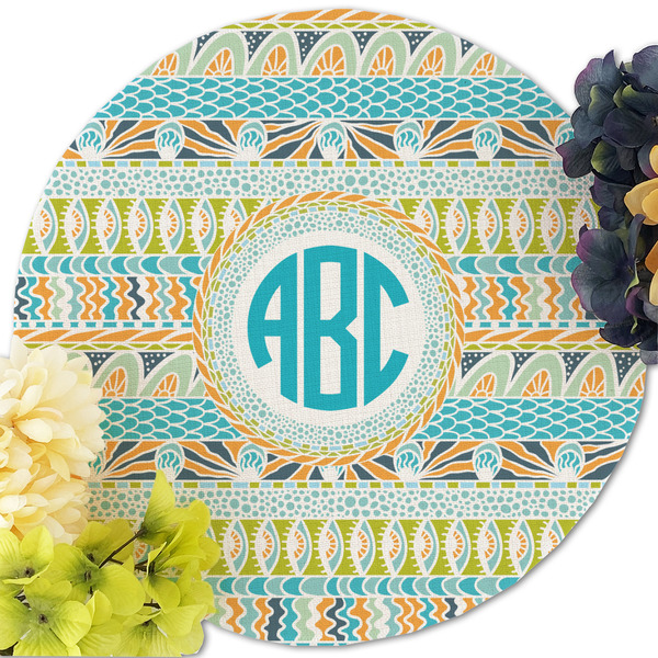 Abstract Teal Stripes Round Linen Placemats - Front (w flowers)