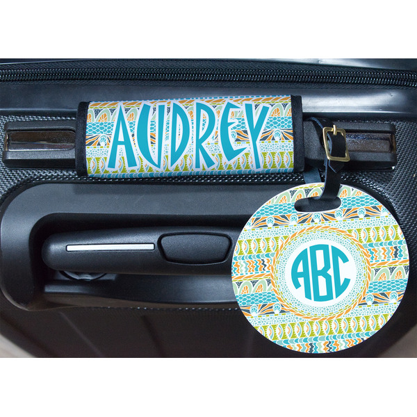 Abstract Teal Stripes Round Luggage Tag & Handle Wrap - In Context