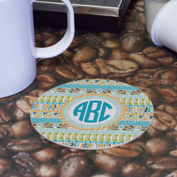 Abstract Teal Stripes Round Paper Coaster - Front