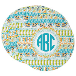 Abstract Teal Stripes Round Paper Coasters w/ Monograms