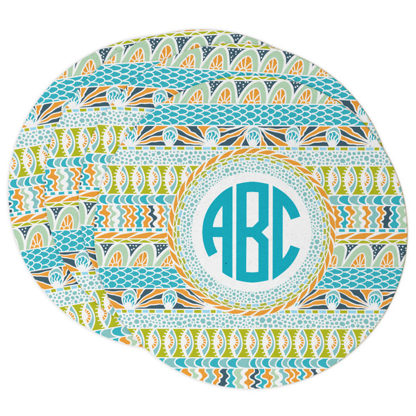 Custom Abstract Teal Stripes Round Paper Coasters w/ Monograms