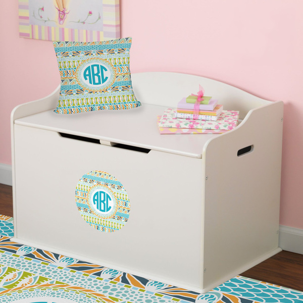 Abstract Teal Stripes Round Wall Decal on Toy Chest