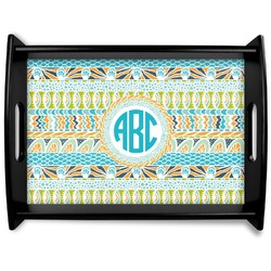 Abstract Teal Stripes Black Wooden Tray - Large (Personalized)