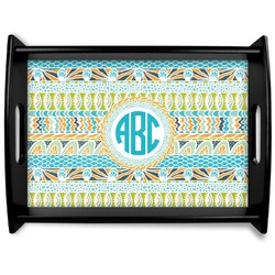 Abstract Teal Stripes Black Wooden Tray - Large (Personalized)