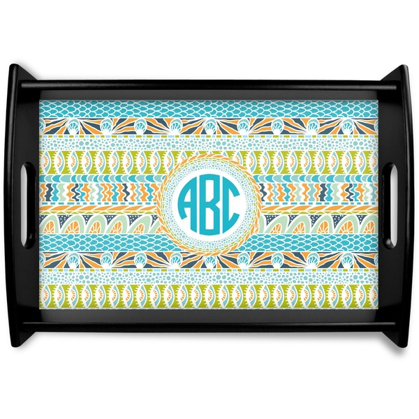 Custom Abstract Teal Stripes Black Wooden Tray - Small (Personalized)