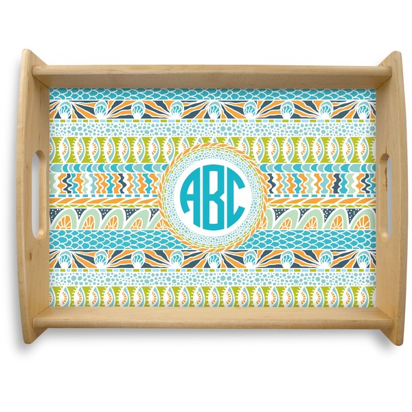Custom Abstract Teal Stripes Natural Wooden Tray - Large (Personalized)