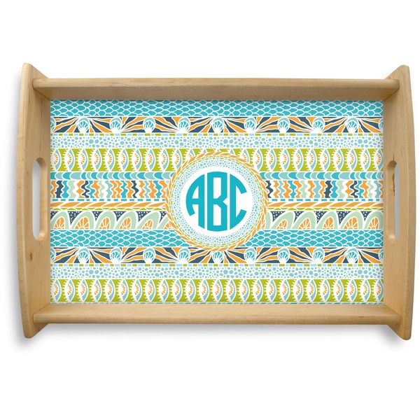 Custom Abstract Teal Stripes Natural Wooden Tray - Small (Personalized)