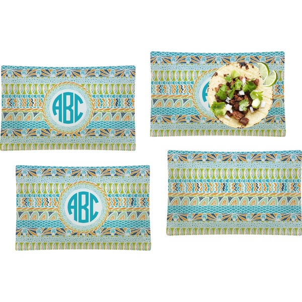 Custom Abstract Teal Stripes Set of 4 Glass Rectangular Lunch / Dinner Plate (Personalized)