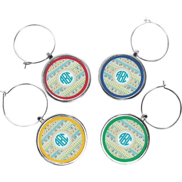 Custom Abstract Teal Stripes Wine Charms (Set of 4) (Personalized)