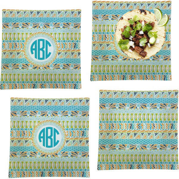 Custom Abstract Teal Stripes Set of 4 Glass Square Lunch / Dinner Plate 9.5" (Personalized)