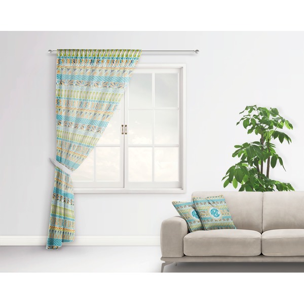 Abstract Teal Stripes Sheer Curtain With Window and Rod - in Room Matching Pillow