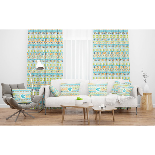 Abstract Teal Stripes Sheer and Custom Curtains in Room with Matching Pillows