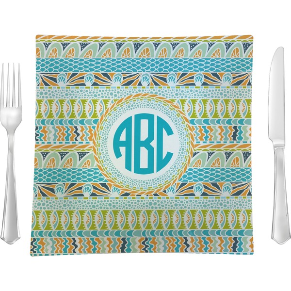 Custom Abstract Teal Stripes 9.5" Glass Square Lunch / Dinner Plate- Single or Set of 4 (Personalized)
