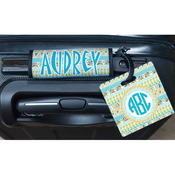Abstract Teal Stripes Square Luggage Tag & Handle Wrap - In Context