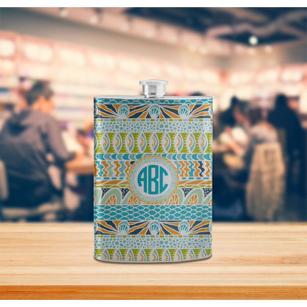 Abstract Teal Stripes Stainless Steel Flask - LIFESTYLE 2