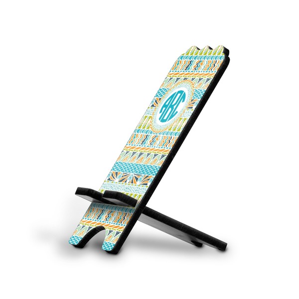 Custom Abstract Teal Stripes Stylized Cell Phone Stand - Small w/ Monograms