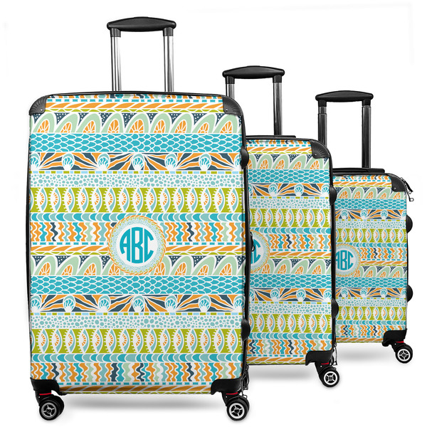 Custom Abstract Teal Stripes 3 Piece Luggage Set - 20" Carry On, 24" Medium Checked, 28" Large Checked (Personalized)